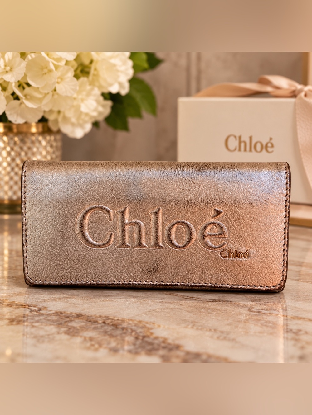 Chloé Metallic Gold Leather Long Wallet